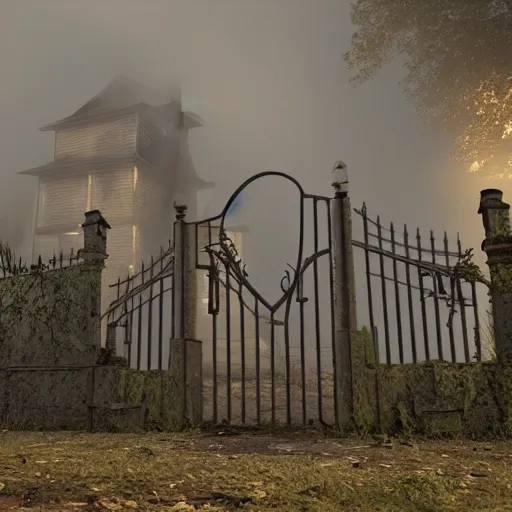 Image similar to a zombie at the gate of a decrepit house, night, misty, scary, spooky, octane render