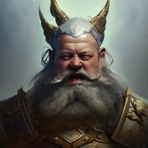 Image similar to hyperrealistic mixed media image of a dwarfish god of warfare, stunning 3 d render inspired art by greg rutkowski and xiang duan and thomas eakes, realistic, highly detailed attributes and atmosphere, dim volumetric cinematic lighting, 8 k octane detailed render, post - processing, masterpiece,