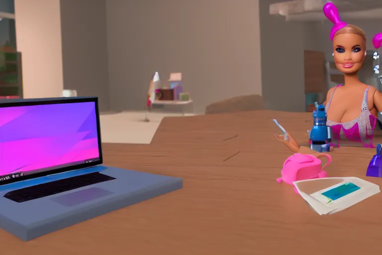 Prompt: photo of a real life barbie playing roblox on shes laptop, 4k