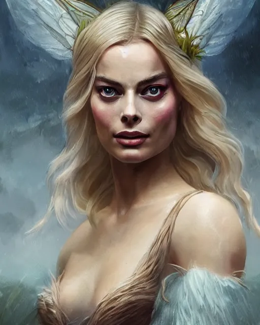 Image similar to margot robbie as a fairy with wings, hyper realistic face, beautiful eyes, fantasy art, in the style of greg rutkowski