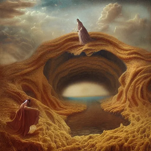 Prompt: a hyper realistic photograph of my hopes floating through a surreal landscape of fears by agostino arrivabene