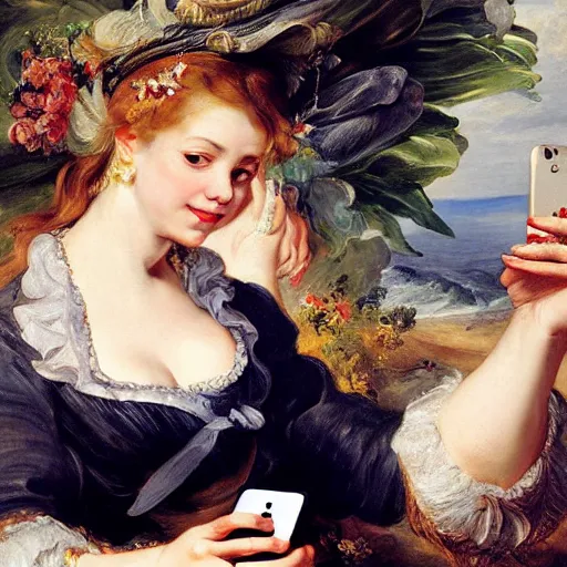 Image similar to heavenly summer sharp land sphere scallop well dressed lady taking a selfie with her iphone auslese, by peter paul rubens and eugene delacroix and karol bak, hyperrealism, digital illustration, fauvist, iphone