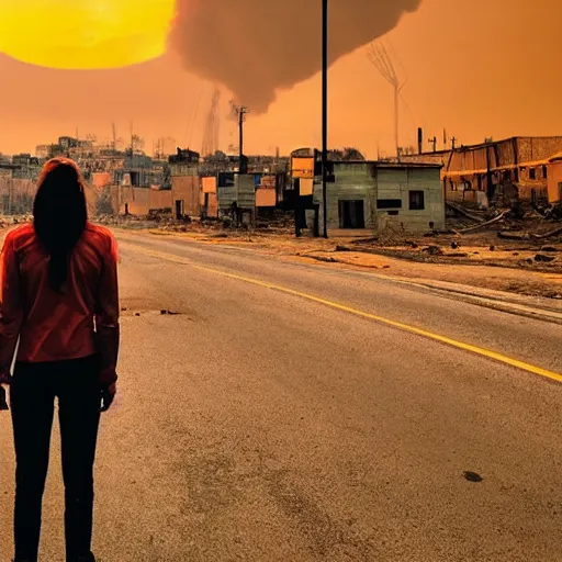 Prompt: rebel woman standing in front of a post apocalyptic city with burning red sky