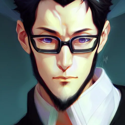 Image similar to portrait of gendo ikari evangelion, male, thin pursed lips, sharp jaw light black hair soft hair swept back short length hair, anime, fantasy, intricate, elegant, highly detailed, digital painting, artstation sharp focus, hunterpedia madonna art by artgerm and ruan jia and ross tran