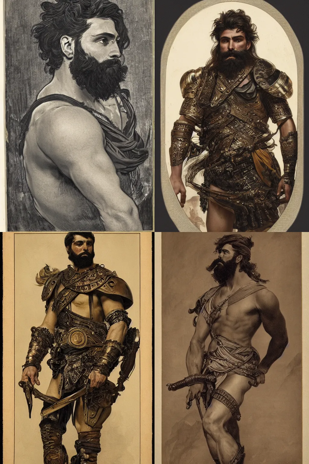 Prompt: portrait of a young rugged young man, thick black beard, big muscles, intricate bronze armour. cinematic lighting, highly detailed, full body shot. Many scars. In the style of Alphonso Mucha