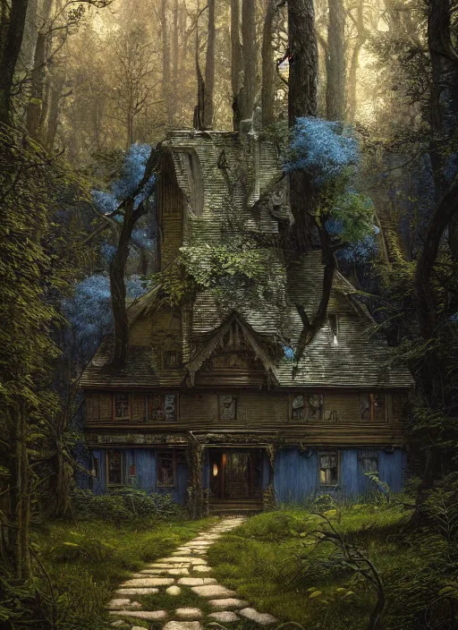 Prompt: hyper realistic homely ornate modern witch house distant down a path in the woods gorgeous lighting, blue sky, highly detailed, lush forest by zdzisław beksinski and norman rockwell and greg rutkowski weta studio, and lucasfilm