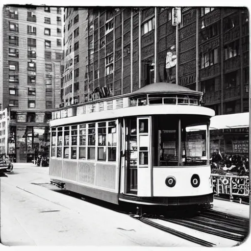 Prompt: picture of a red tramway in new york, 1 9 5 0, black and white, polaroid shot, beautiful artistic photography
