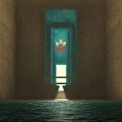 Image similar to “inside of the water temple from Legend Of Zelda: Ocarina of Time in the style of Zdzisław Beksiński. Trending on artstation”