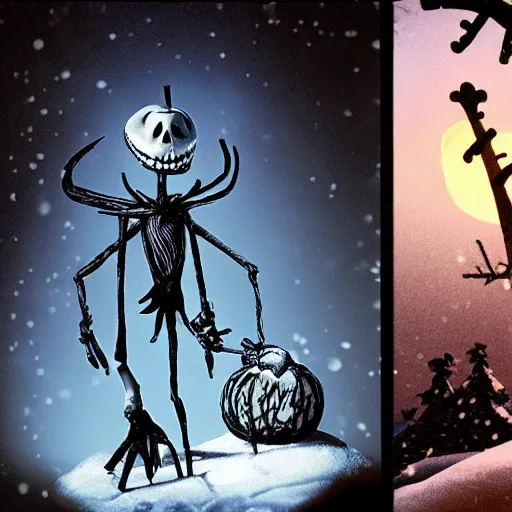 Prompt: picture of jack skelton from nightmare before christmas + nighttime scene + snowy season