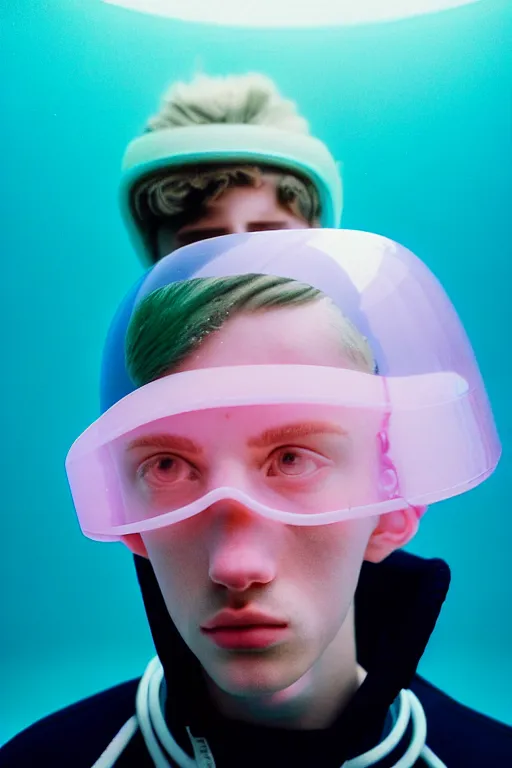 Image similar to high quality pastel coloured film mid angle portrait photograph of a beautiful young 2 0 year old male, soft features, short hair, perspex space visor and oversized inflated clothing!!!! icelandic black! rock pool environment. atmospheric three point light. photographic. art directed. ( pastel colours ). volumetric. clearcoat. waves. 8 k. filmic.