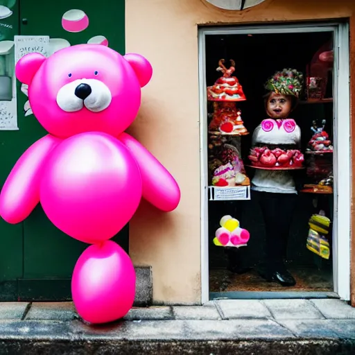 Prompt: A teddy bear doll with 8 balloons stands in the doorway of a candy store,cloudy day