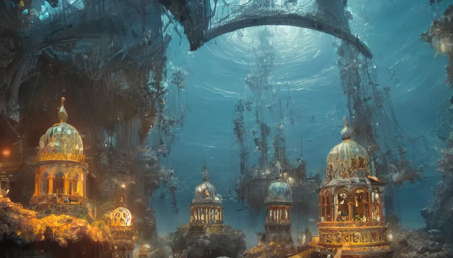 Prompt: Underwater illuminated villages under glass dome, hyperdetailed, artstation, cgsociety, 8k