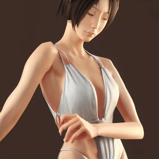 Prompt: feminine Japanese woman wearing one-piece swimsuit, elaborate polished, cgsociety, photorealistic, sublime-classy-dignified ambience, 16k, sharp focus, trending on ArtStation, volumetric lighting, worksafe