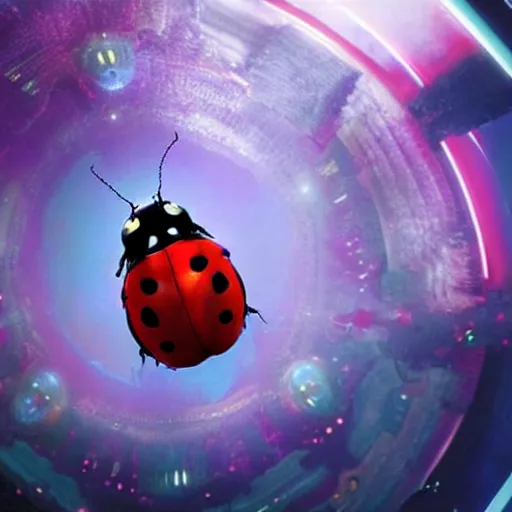 Image similar to film still, future ladybug ( ( descendants ) ), ladybug quadruped with big rgb eyes, huge ladybug mothership, epic cosmos, dramatic lighting, the the hobbit ( film ) blade runner ( film ) genre. imax, 7 0 mm.