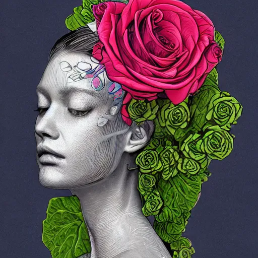 Prompt: the anatomy of a head of lettuce with roses that resemble a beautiful woman, an ultrafine detailed illustration by james jean, intricate linework, bright colors, final fantasy, behance contest winner, vanitas, angular, altermodern, unreal engine 5 highly rendered, global illumination, radiant light, detailed and intricate environment