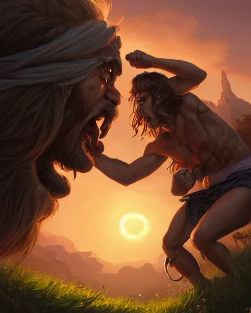 Prompt: two wrestlers fighting on a hill at sunset, D&D, fantasy, intricate, elegant, highly detailed, digital painting, artstation, concept art, matte, sharp focus, illustration, hearthstone, art by Artgerm and Greg Rutkowski and Alphonse Mucha