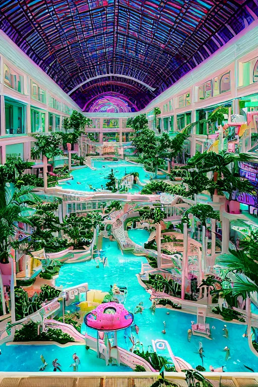 Prompt: vaporwave aesthetic indoor liminal 90s mall with a lazy river, cinematography by Wes Anderson, Wide angle shot, 4k octane render, Fuji film, intricate detail, photoreal, cinematic, sublime atmosphere