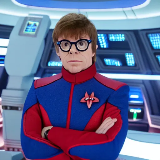 Image similar to austin powers as captain of the orville on the the bridge of the orville