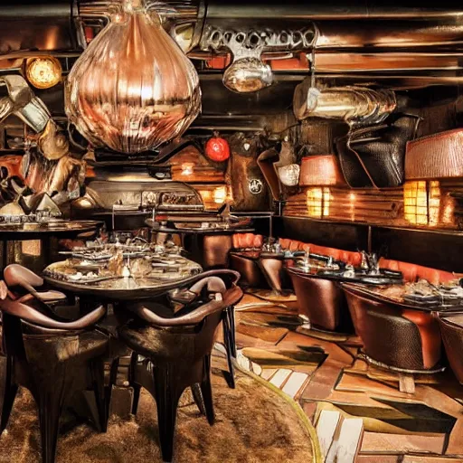 Image similar to architectural digest photo, inside a highly themed restaurant based on the movie mad max furry road