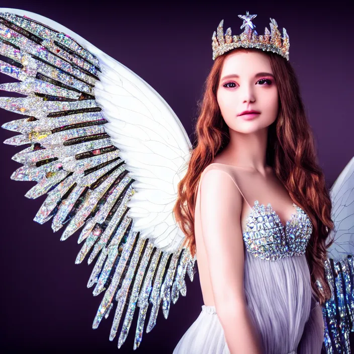 Prompt: photo of a real - life bueatiful angel queen with crystal wings, highly detailed, 4 k, hdr, smooth, sharp focus, high resolution, award - winning photo