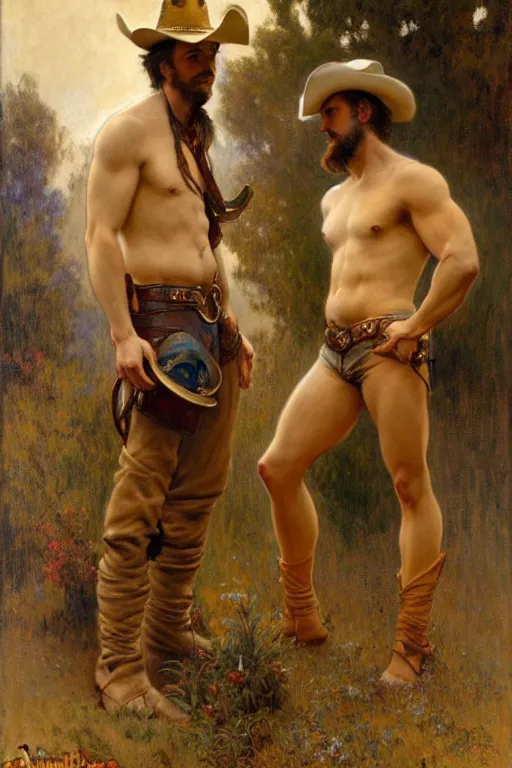 Prompt: a homoerotic painting by gaston bussiere, craig mullins, alphonse mucha j. c. leyendecker of two attractive hairy cowboy gunslingers in love standing back to back | bandoliers, shirtless, leather clothing | natural lighting, path traced, highly detailed, high quality, digital painting, trending on artstation