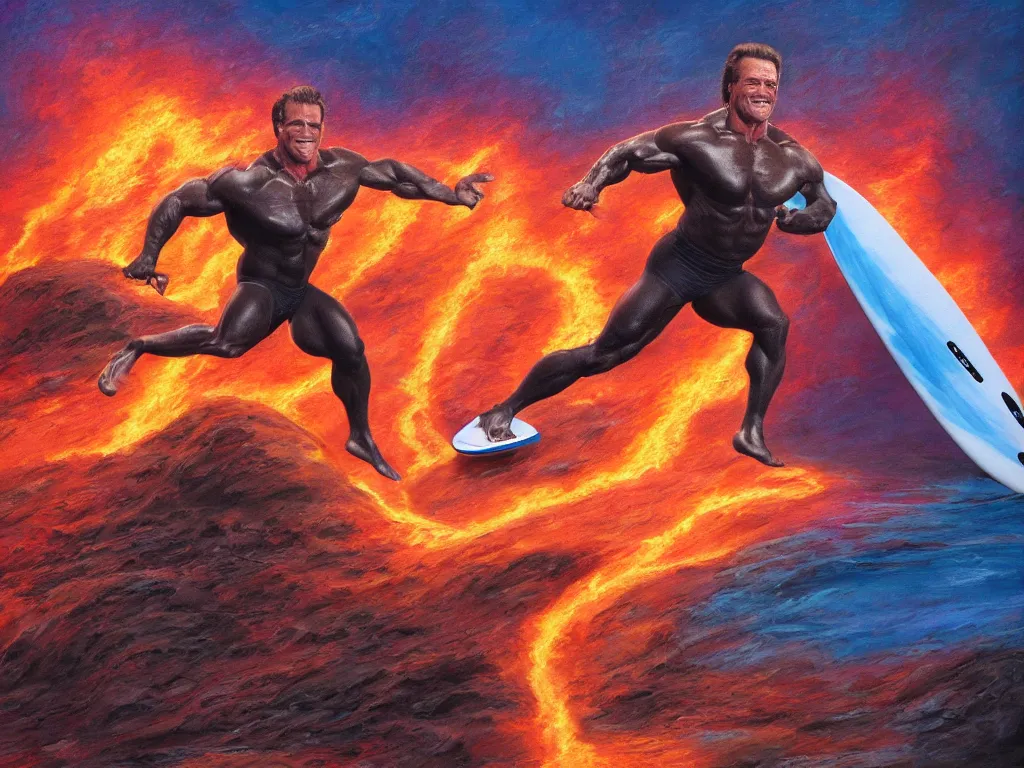 Image similar to detailed full body portrait of an arnold schwarzenegger surfing on lava wave by boris vallejo, fire lake, stunning scene, 8 k, digital painting, hyperrealism, bright colors, trending on artstation