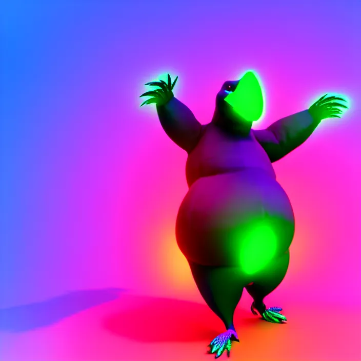 Image similar to 3 d render of a fat anthropomorphic raven fursona dancing at a rave, psychedelic, furry, cute, vivid saturation, octane render