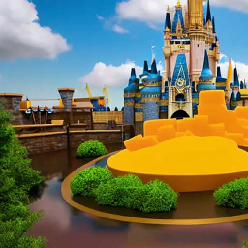 Prompt: 3d render of disney world made out of cheese