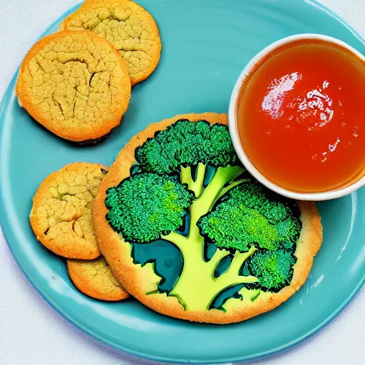 Prompt: spicy marmelade on a broccoli cookie, art by van gogh