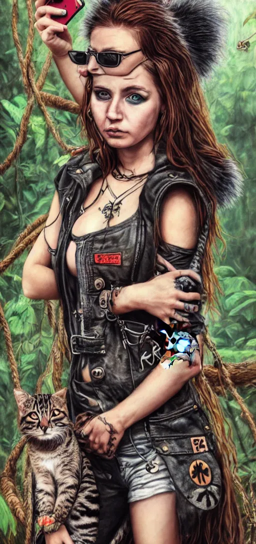 Image similar to cute punk rock girls making selfie in jungles with cats, mad max jacket, renaissance, cables on her body, hyper realistic style, oil painting, highly detailed, 4K, fantasy by Olga Fedorova