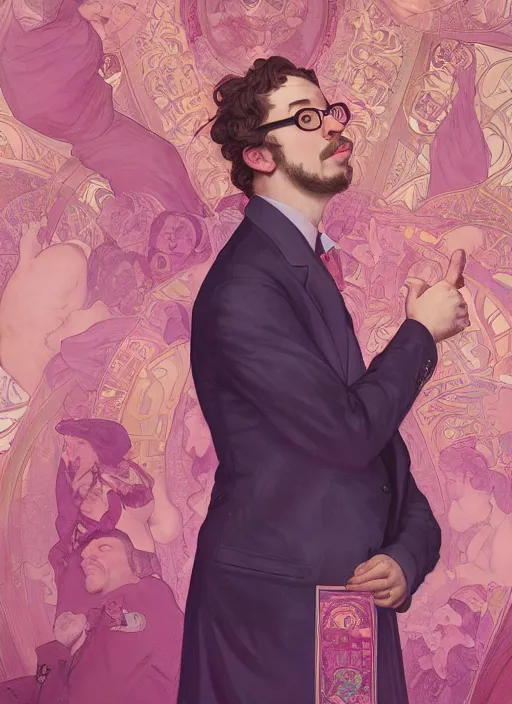 Image similar to Sam Hyde wearing a luxurious pink suit gambling in Las Vegas Wynn hotel, sigma male, accurately portrayed, portrait art by alphonse mucha and greg rutkowski, highly detailed, digital painting, concept art, illustration, dim lighting with twilight rays of sunlight, trending on artstation, very detailed, smooth, sharp focus, octane render, close up