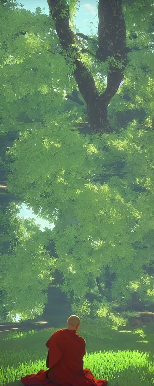 Prompt: “buddhist monk meditating under a willow tree with a baby panda cell shaded genshin impact breath of the wild cinematic shot”