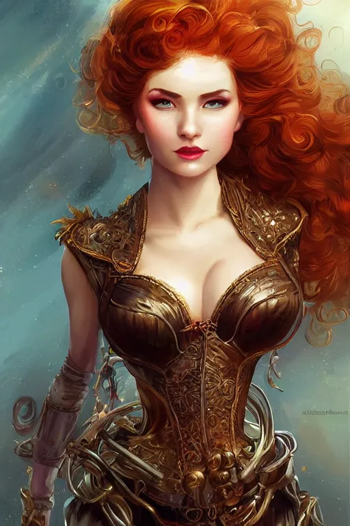 Image similar to three quarters portrait of a beautiful Lady Mechanika, very beautiful young woman, ginger wavy hair, Victorian-era push-up underwire. Intricate, D&D!, fantasy style, sharp focus!, ultra detailed, art by Artgerm and Peter Andrew Jones