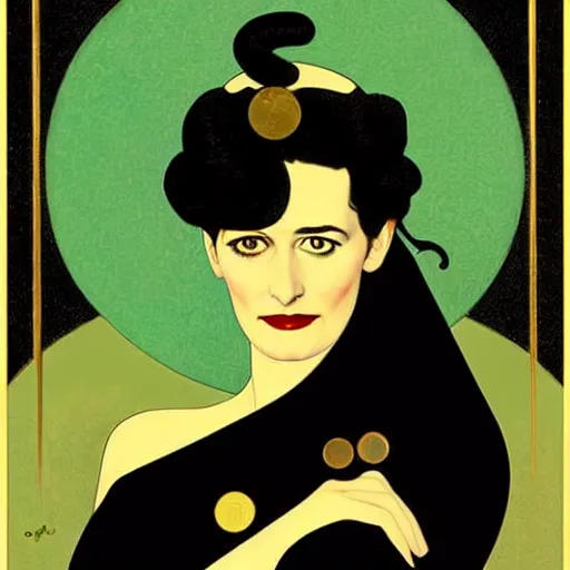 Prompt: Eva Green, Art by Coles Phillips, Gilded outfit, Jet black hair, Green eyes, Portrait of the actress, Elsa Lanchester as Morpheus, geometric art, poster, no text, Mucha, Kandinsky, carbon blac and antique gold