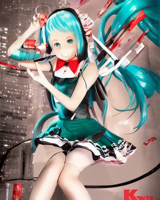 Image similar to Hatsune Miku full body pin up modeling in idol unioform, with a park in the back ground, post war style, detailed face, american postcard art style, by Krenz Cushart and Randolph Stanley Hewton and Charlie Bowater