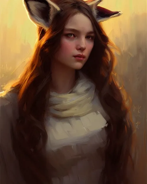 Image similar to a potrait of a girl with fox ears, fine details. night setting. realistic shaded lighting poster by craig mullism, artgerm, jeremy lipkin and michael garmash, unreal engine, radiant light, detailed and intricate environment, digital art, trending on art station