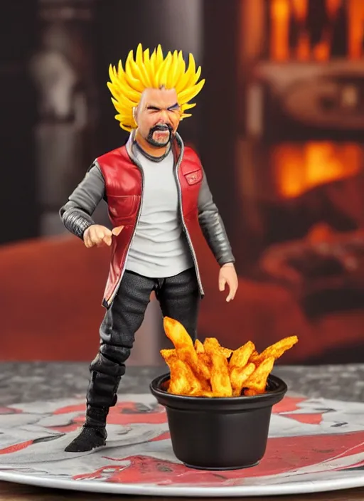 Prompt: star wars black series action figure of guy fieri with barfing chili cheese fries action, pristine box, toy still in package, ebay, extremely detailed