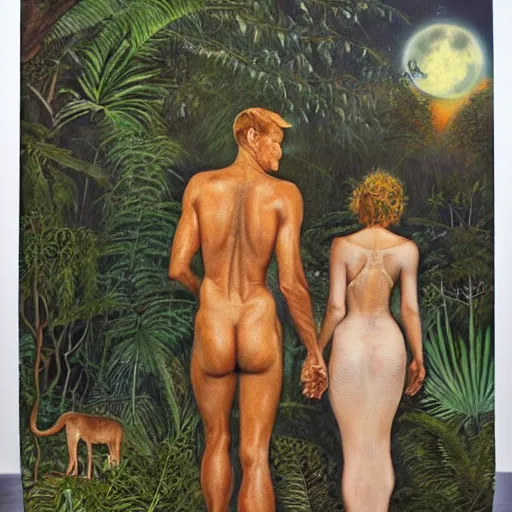 Image similar to the illuminated mystic Rhodesian ridgeback and a man and a woman in love, softly lit from behind, full moon night in the jungle Portrait by Paul Bonner, oil on canvas