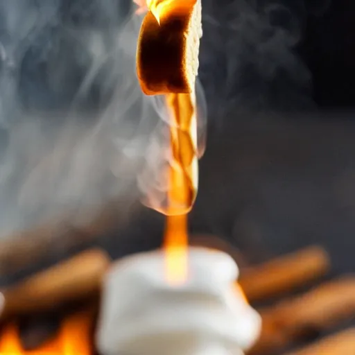 Prompt: toasting marshmallow on a fork with a lighter