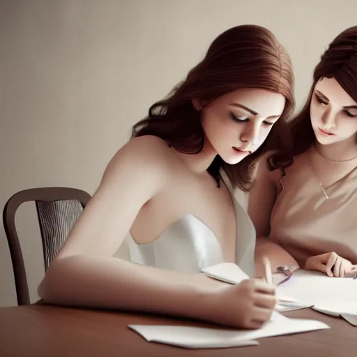 Image similar to Two beautiful brides studying mathematics together, hyperrealistic, highly detailed, depth of field, High definition, 8k, octane render, artstation