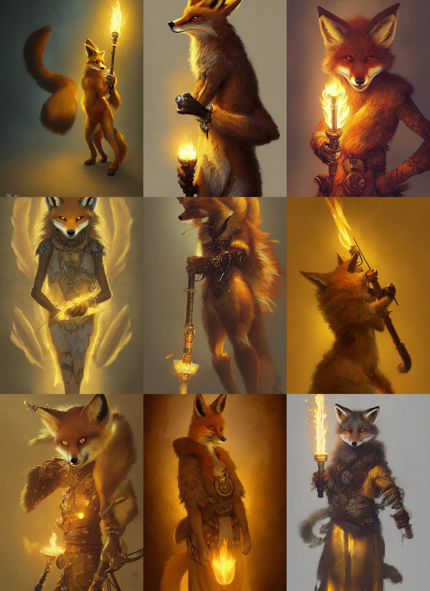 Prompt: yellow anthro fox holding a torch, shaman, kitsune, fursona, furry, intricate, highly detailed, digital painting, artstation, concept art, sharp focus, illustration, aleksi briclot, rutkowski, mucha