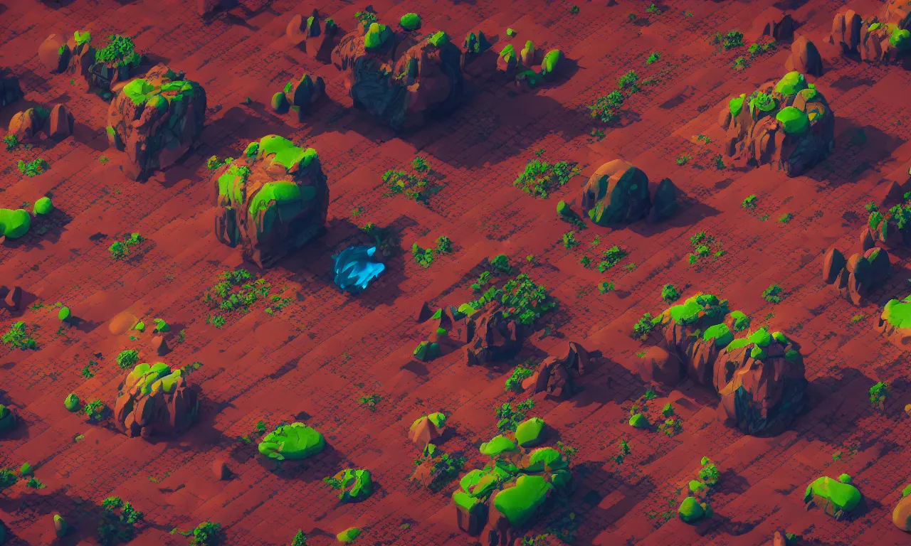 Prompt: 3 d isometric alien planet game level, earthy open land, dynamic lighting, heavy contrast, sharp focus, trending on artstation, mysterious, 8 k, game art, rendered in vray