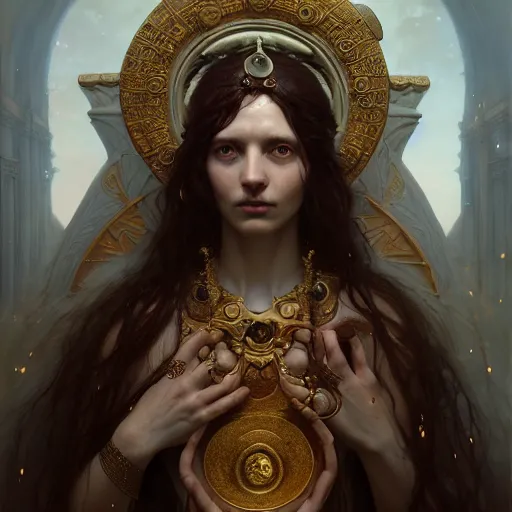 Image similar to priestess of the outer gods, studio light, photoreal, by jaime jones, tom bagshaw, lawrence alma - tadema, greg rutkowski, deviantart contest winner, fantasy art, daz 3 d, intricate, elegant, highly detailed, 8 k, digital painting, concept art, sharp focus, illustration, golden ratio, cosmic horror