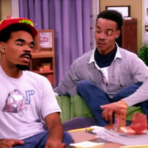 Image similar to a tv still of Chance The Rapper starring as a black college student at Jones College Prep in a 1993 sitcom