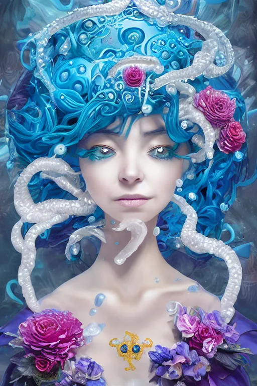 Prompt: epic 3 d yemaya, caring goddess, liquid fish and flowers spinning, 2 0 mm, with cerulean and white foam, melting smoothly into asymmetrical bubbles and flowers, liquid, delicate, intricate, houdini sidefx, trending on artstation, by jeremy mann and ilya kuvshinov, jamie hewlett and ayami kojima