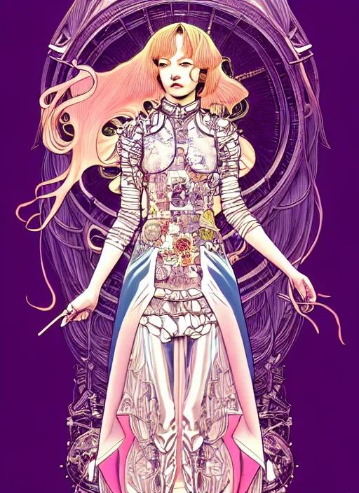 Prompt: highly detailed terada katsuya artgerm artstation s minaba hideo manga poster of princess mechine, long hair, armor, dress, laces, ruffles, 8 k, maximalist, hinny fluorescent gradient reflection, jump comics, tomer hanuka, alphonse mucha