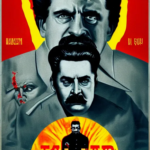 Prompt: poster for blockbuster, stalin in hell, scary art in color, art in 4 k