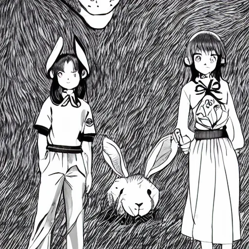 Image similar to a giant rabbit the size of a lion standing next to girl with long dark hair in sailor uniform, manga style, white background, clean lines in dark pen, drawn by junji ito