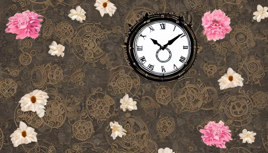 Image similar to flowers and steampunk clock still life pattern, white background
