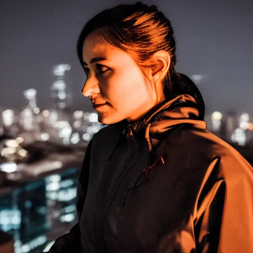 Image similar to photographic portrait of a techwear woman, closeup, on the rooftop of a futuristic city at night, sigma 85mm f/1.4, 4k, depth of field, high resolution, 4k, 8k, hd, full color